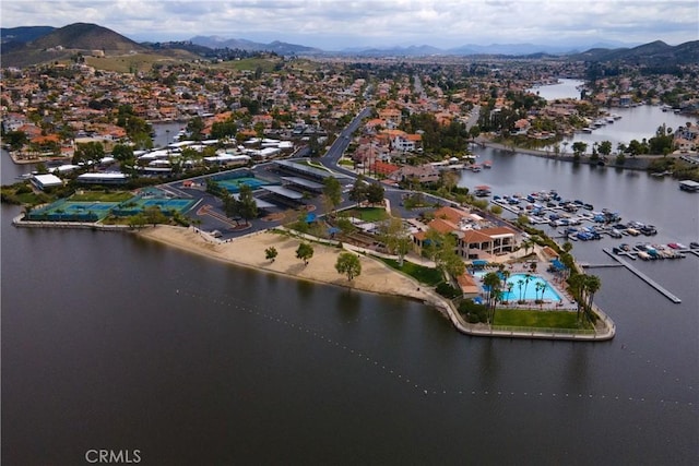 bird's eye view featuring a water and mountain view