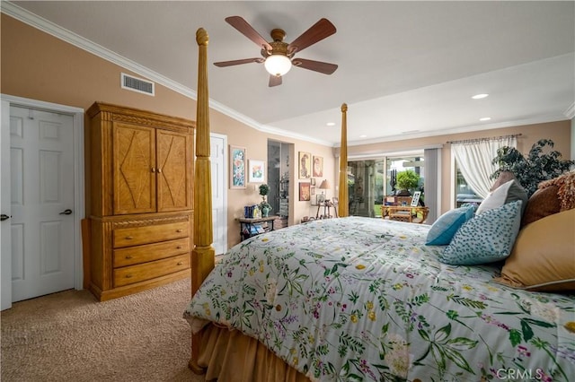 23849 Canyon Lake Dr N, Canyon Lake, CA 92587 - bedroom with ornamental molding, light carpet, ceiling fan, and visible vents