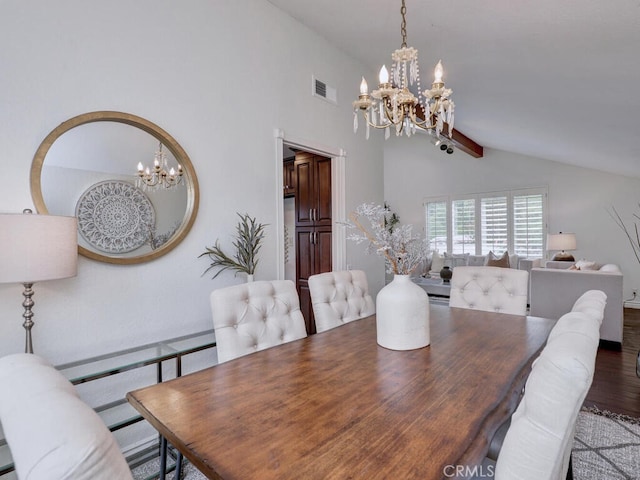 dining room with wood finished floors, visible vents, vaulted ceiling with beams, and a chandelier