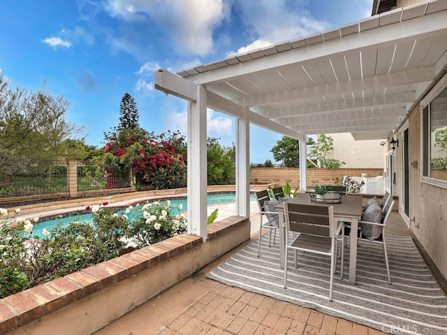 view of patio with a fenced in pool, a fenced backyard, and outdoor dining area