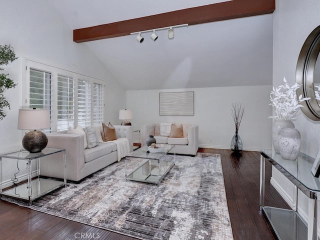 living room featuring track lighting, baseboards, vaulted ceiling with beams, and wood-type flooring