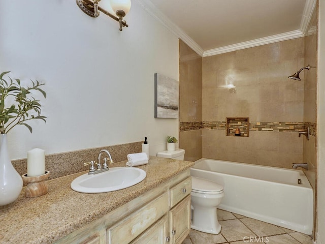 full bath with tile patterned floors, ornamental molding, toilet, vanity, and washtub / shower combination