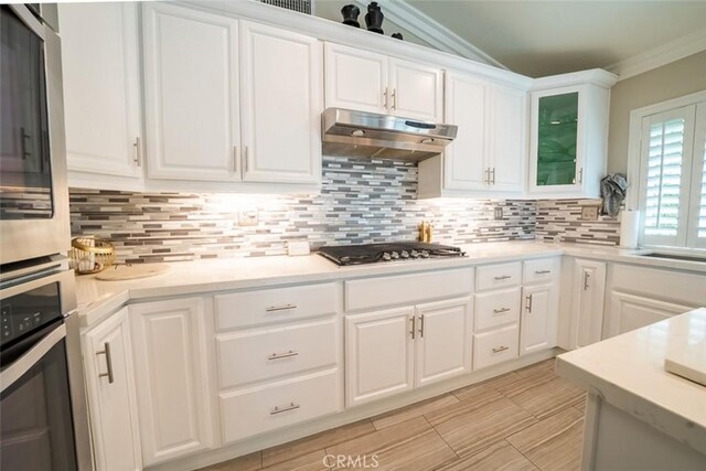 kitchen with decorative backsplash, white cabinetry, under cabinet range hood, and stainless steel appliances