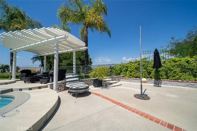 view of patio / terrace with a fenced in pool, an outdoor fire pit, fence, and a pergola