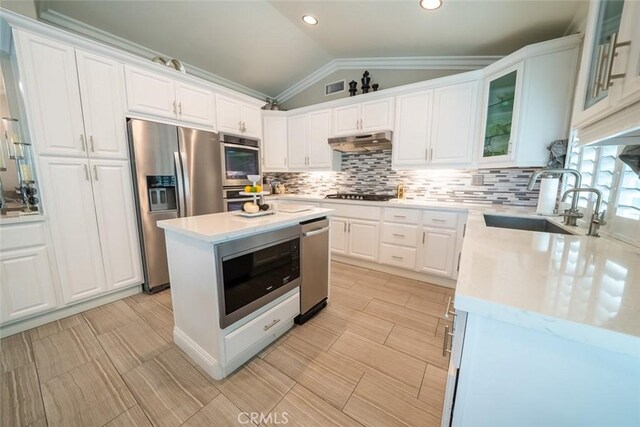 kitchen with a sink, stainless steel appliances, tasteful backsplash, under cabinet range hood, and vaulted ceiling