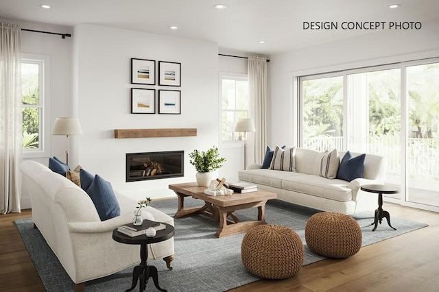 927 9th St, Manhattan Beach, CA 90266 - living room featuring plenty of natural light, wood finished floors, a glass covered fireplace, and recessed lighting