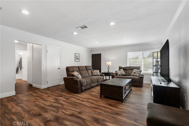 27680 Sandtrap Dr, Menifee, CA 92586 - living room with crown molding, dark wood finished floors, baseboards, and recessed lighting