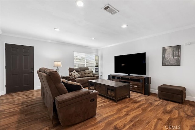 27680 Sandtrap Dr, Menifee, CA 92586 - living area featuring crown molding, dark wood-style flooring, recessed lighting, and baseboards