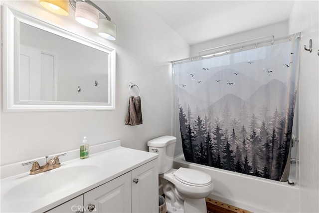 bathroom with toilet, shower / bathtub combination with curtain, and vanity