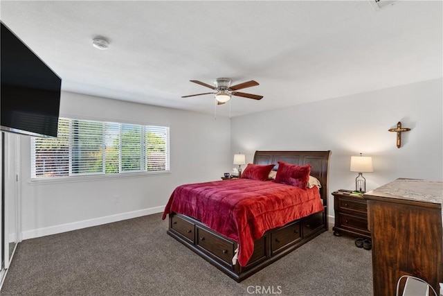 bedroom featuring baseboards, ceiling fan, and carpet
