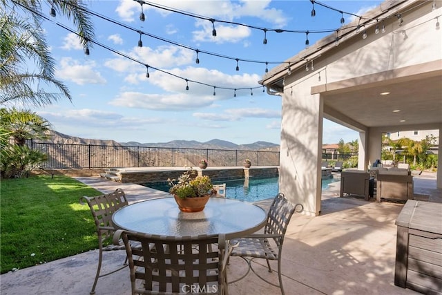 21609 Lucas Ct, Saugus, CA 91390 - view of patio with a fenced backyard, a fenced in pool, and a mountain view