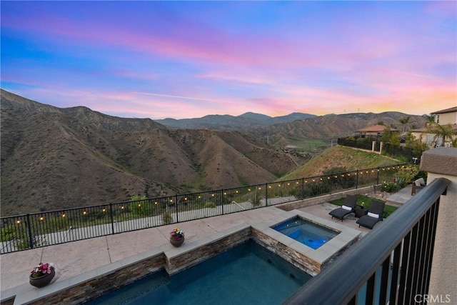 21609 Lucas Ct, Saugus, CA 91390 - view of swimming pool featuring a fenced in pool, fence, a mountain view, and an in ground hot tub