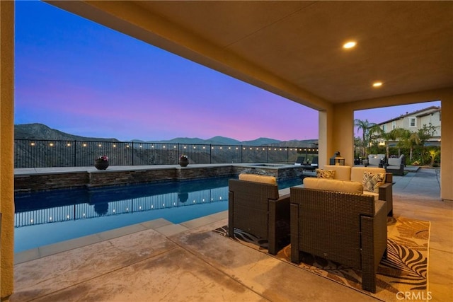 21609 Lucas Ct, Saugus, CA 91390 - view of pool featuring a pool with connected hot tub, outdoor lounge area, a fenced backyard, a mountain view, and a patio