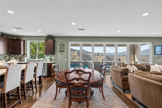 21609 Lucas Ct, Saugus, CA 91390 - dining space with recessed lighting, visible vents, a mountain view, and a wealth of natural light