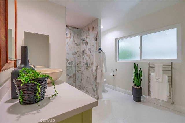 2978 Crownview Dr, Rancho Palos Verdes, CA 90275 - bathroom with a marble finish shower, a towel warming rack, and vanity