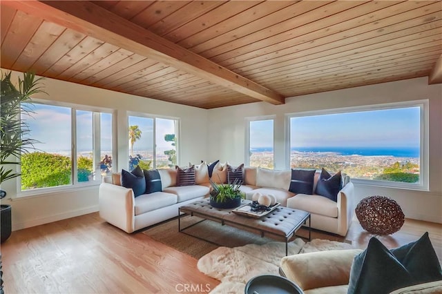 2978 Crownview Dr, Rancho Palos Verdes, CA 90275 - living area featuring wood finished floors, healthy amount of natural light, and a wooden ceiling with exposed beams