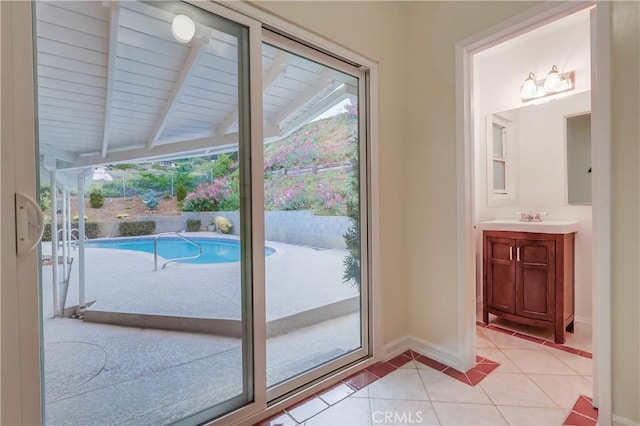 2978 Crownview Dr, Rancho Palos Verdes, CA 90275 - doorway with beamed ceiling and light tile patterned floors