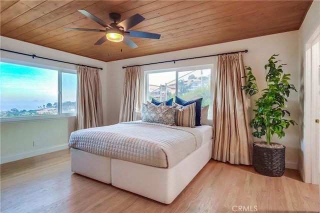 2978 Crownview Dr, Rancho Palos Verdes, CA 90275 - bedroom featuring wooden ceiling, light wood-style floors, multiple windows, and a ceiling fan