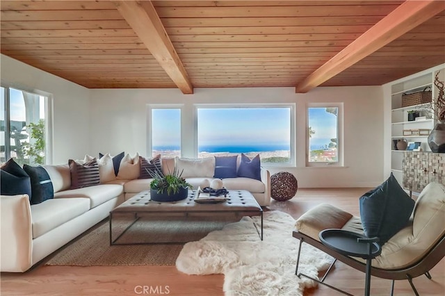 2978 Crownview Dr, Rancho Palos Verdes, CA 90275 - living room with wood finished floors, a wooden ceiling with exposed beams, and built in shelves
