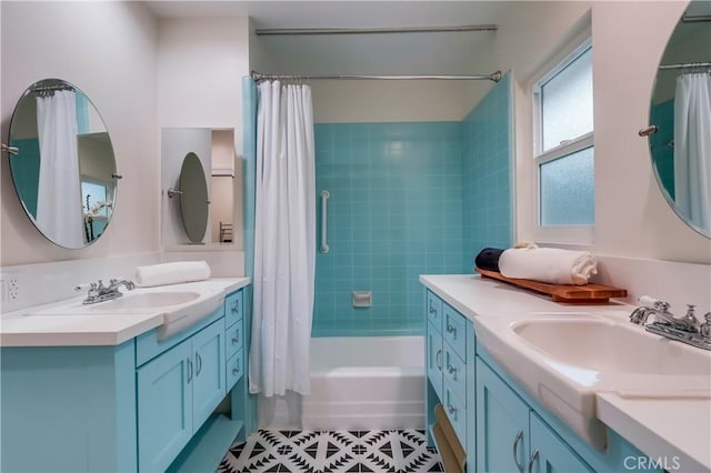 2978 Crownview Dr, Rancho Palos Verdes, CA 90275 - full bathroom with vanity, shower / tub combo with curtain, and tile patterned flooring