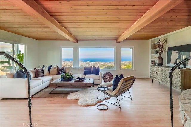 2978 Crownview Dr, Rancho Palos Verdes, CA 90275 - living area featuring healthy amount of natural light, a wooden ceiling with exposed beams, and wood finished floors