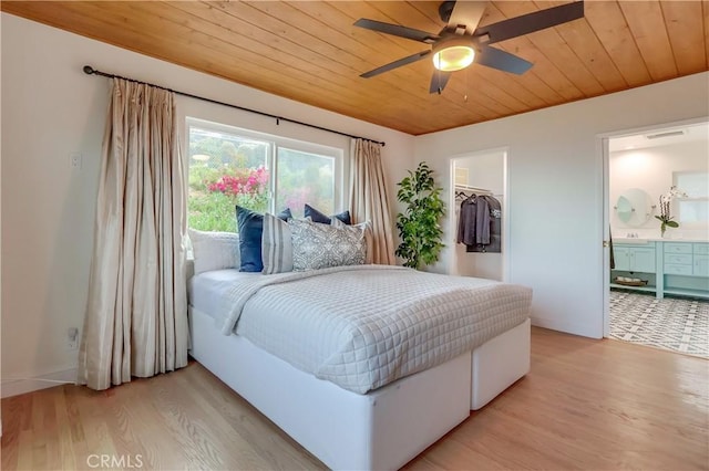 2978 Crownview Dr, Rancho Palos Verdes, CA 90275 - bedroom with light wood finished floors, wooden ceiling, ensuite bathroom, and a spacious closet