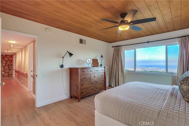 2978 Crownview Dr, Rancho Palos Verdes, CA 90275 - bedroom with light wood-style flooring, wooden ceiling, and a ceiling fan