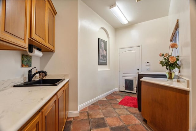 25444 Rancho Barona Rd, Ramona, CA 92065 - washroom with a sink, baseboards, and dark stone finish flooring