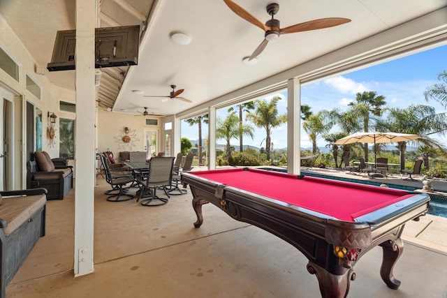 25444 Rancho Barona Rd, Ramona, CA 92065 - rec room featuring a ceiling fan, billiards, and concrete flooring