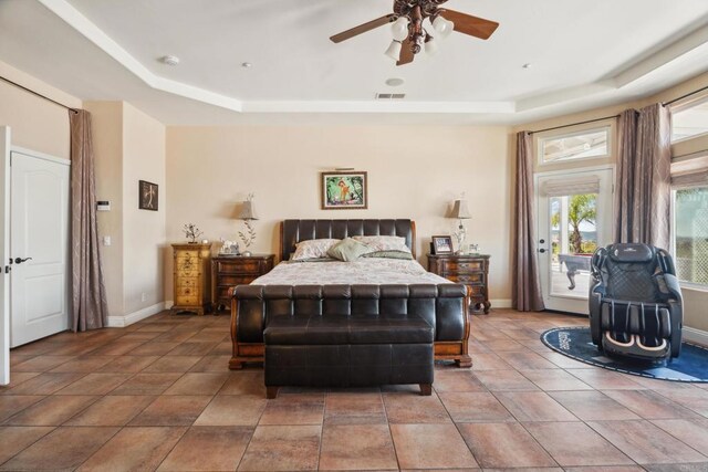 25444 Rancho Barona Rd, Ramona, CA 92065 - bedroom featuring a raised ceiling, access to outside, baseboards, and a ceiling fan