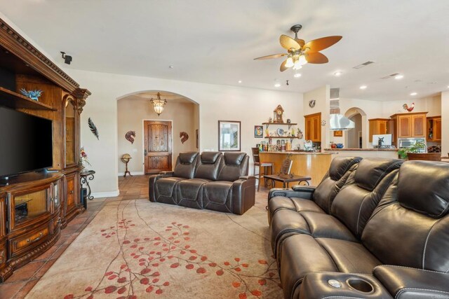 25444 Rancho Barona Rd, Ramona, CA 92065 - living room featuring arched walkways, ceiling fan, recessed lighting, and baseboards