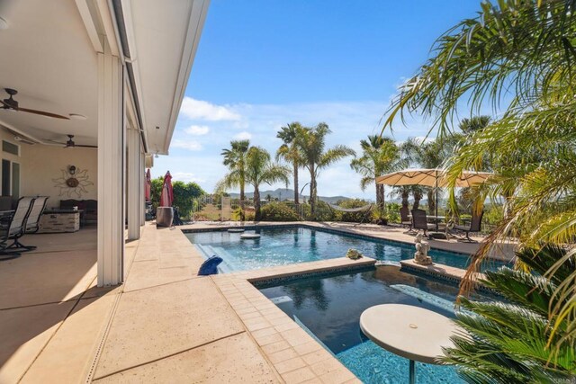 25444 Rancho Barona Rd, Ramona, CA 92065 - view of pool with a patio, a pool with connected hot tub, and a ceiling fan