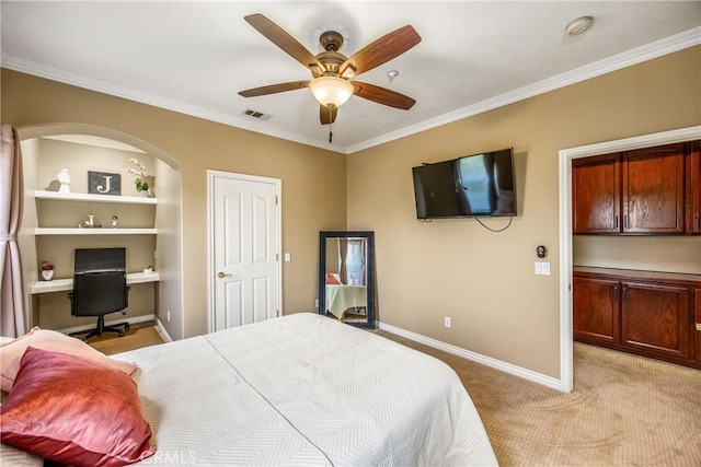 652 Fairway Dr, Redlands, CA 92373 - bedroom with baseboards, crown molding, light carpet, a desk, and ceiling fan