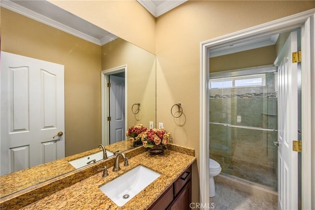 652 Fairway Dr, Redlands, CA 92373 - full bath featuring crown molding, toilet, a stall shower, vanity, and tile patterned flooring
