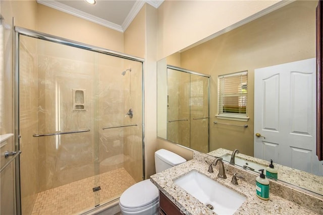 652 Fairway Dr, Redlands, CA 92373 - bathroom with crown molding, toilet, a shower stall, and vanity