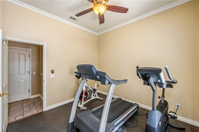 652 Fairway Dr, Redlands, CA 92373 - workout area with baseboards, ornamental molding, ceiling fan, and stone finish flooring