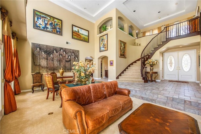 652 Fairway Dr, Redlands, CA 92373 - building lobby with stairs, a towering ceiling, and ornamental molding
