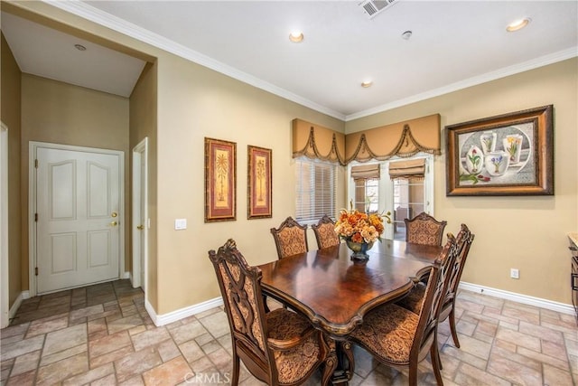 652 Fairway Dr, Redlands, CA 92373 - dining area with baseboards, stone tile floors, ornamental molding, and recessed lighting
