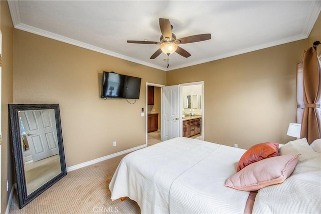 652 Fairway Dr, Redlands, CA 92373 - bedroom featuring light carpet, baseboards, ornamental molding, ensuite bathroom, and a ceiling fan