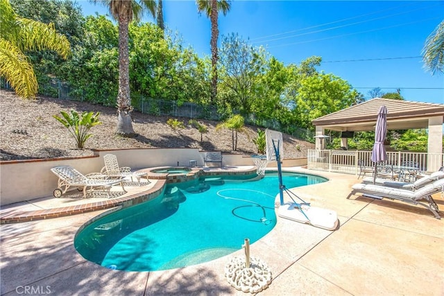 652 Fairway Dr, Redlands, CA 92373 - view of pool featuring a gazebo, a fenced backyard, a patio, and a pool with connected hot tub