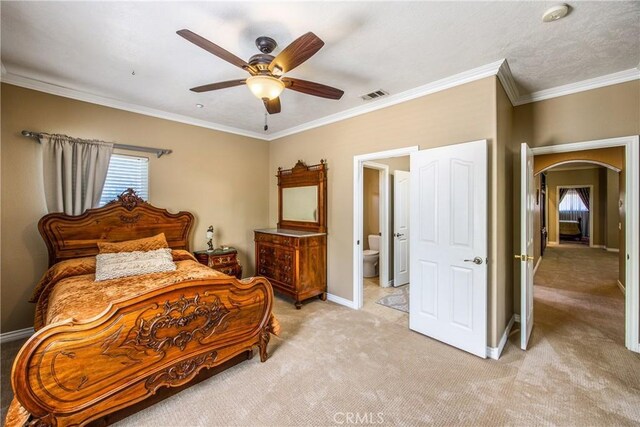 652 Fairway Dr, Redlands, CA 92373 - bedroom with arched walkways, light colored carpet, baseboards, crown molding, and a ceiling fan