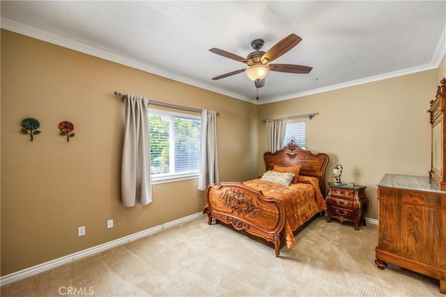 652 Fairway Dr, Redlands, CA 92373 - bedroom featuring baseboards, crown molding, light carpet, and ceiling fan