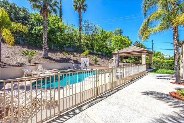 652 Fairway Dr, Redlands, CA 92373 - view of swimming pool featuring a gazebo, an in-ground hot tub, a patio area, and fence