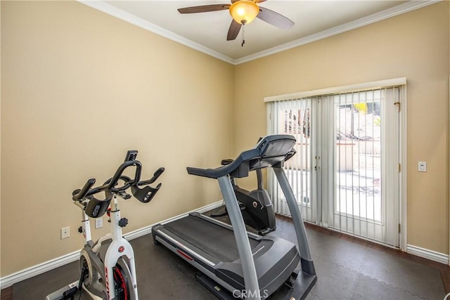 652 Fairway Dr, Redlands, CA 92373 - workout room featuring baseboards, ornamental molding, and a ceiling fan