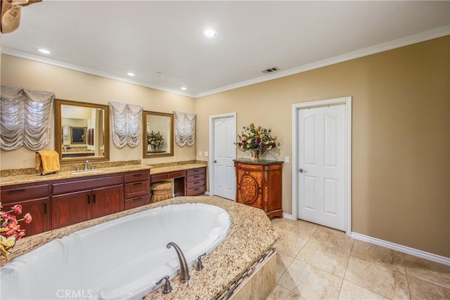 652 Fairway Dr, Redlands, CA 92373 - full bathroom featuring ornamental molding, baseboards, a garden tub, vanity, and recessed lighting