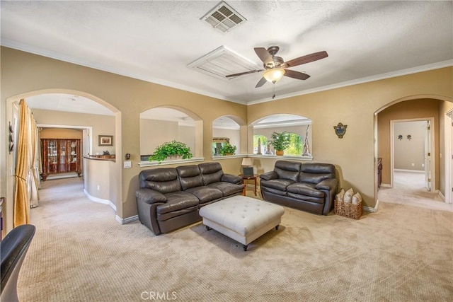 652 Fairway Dr, Redlands, CA 92373 - living area with arched walkways, light carpet, ceiling fan, baseboards, and ornamental molding