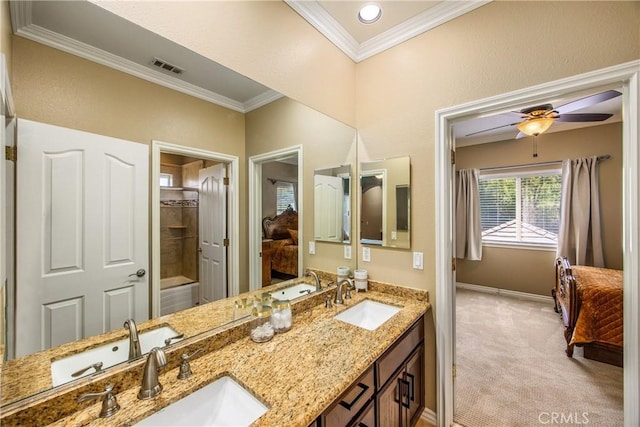 652 Fairway Dr, Redlands, CA 92373 - ensuite bathroom with ornamental molding, baseboards, ceiling fan, and double vanity
