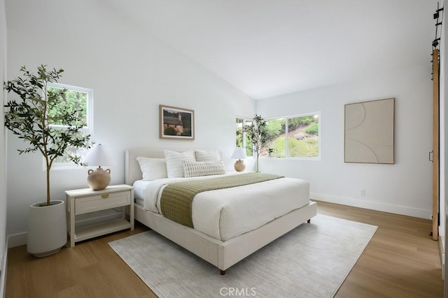 24411 Kings Vw, Laguna Niguel, CA 92677 - bedroom with a barn door, wood finished floors, multiple windows, and high vaulted ceiling