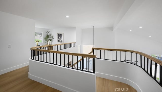 24411 Kings Vw, Laguna Niguel, CA 92677 - stairway with baseboards, recessed lighting, wood finished floors, and high vaulted ceiling