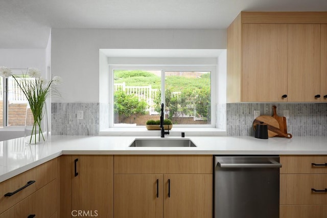 24411 Kings Vw, Laguna Niguel, CA 92677 - kitchen with stainless steel dishwasher, light countertops, backsplash, and light brown cabinets